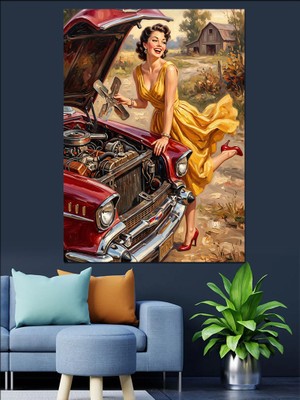 Tablomega Klasik Araba Tamir Eden Kadın Dekoratif Kanvas - Mdf Ahşap Tablo