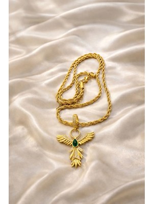 Ascera Melek Kanadı Kolye – 316L Çelik Altın Renk Yeşil Taşlı Kararmayan Kadın Model