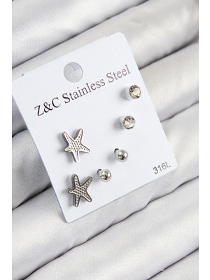 Nexgen 316L Çelik Zirkon Taşlı Deniz Yıldızı Model Gümüş Renk Kadın Set Küpe