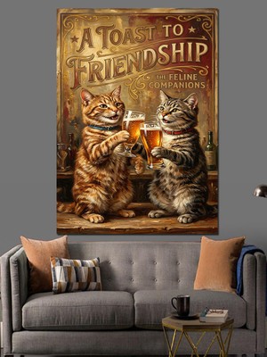Tablomega Dostluk Üzerine Bira Içen Kediler Dekoratif Kanvas - Mdf Ahşap Tablo