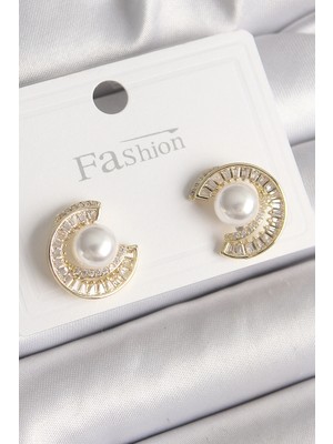 Nexgen Pirinç Gold Renk Zirkon Taşlı Salyangoz Model Inci Detay Kadın Küpe