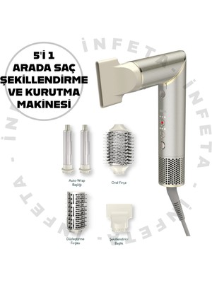 İnfeta SHD-1721  Saç Şekillendirici ve Kurutucu 5’i 1 Arada Iyonlu Saç Maşa Düzleştirici Kurutucu-Şampanya