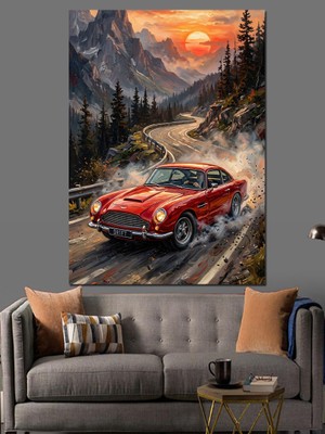 Tablomega Dağ Yolunda Kırmızı Klasik Araba Dekoratif Kanvas - Mdf Ahşap Tablo