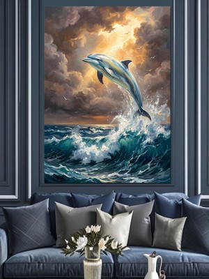 Tablomega Sudan Fırlayan Dev Yunus Balığı Dekoratif Kanvas - Mdf Ahşap Tablo