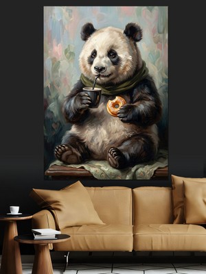 Tablomega Kahve Içen Sevimli Panda Portresi Dekoratif Kanvas - Mdf Ahşap Tablo
