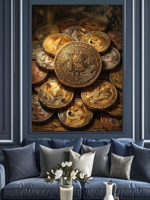 Tablomega Altın Sikkeler ve Hazine Tablosu Dekoratif Kanvas - Mdf Ahşap Tablo