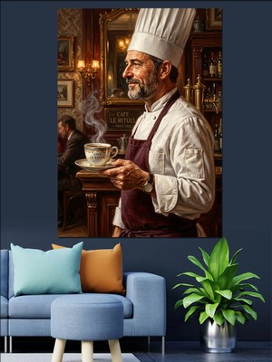 Karizma Tablo Kahve Içen Profesyonel Şef Dekoratif Kanvas - Mdf Ahşap Tablo