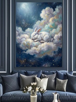 Karizma Tablo Bulutlar Üzerinde Uyuyan Beyaz Tavşan Dekoratif Kanvas - Mdf Ahşap Tablo