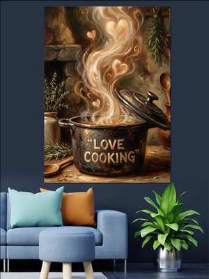 Karizma Tablo Mutfakta Aşkla Yemek Pişiren Kazan Dekoratif Kanvas - Mdf Ahşap Tablo