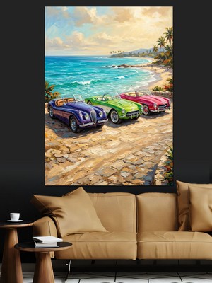Karizma Tablo Sahil Yolunda Renkli Arabalar Dekoratif Kanvas - Mdf Ahşap Tablo
