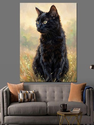 Karizma Tablo Çiçek Bahçesinde Oturan Siyah Kedi Dekoratif Kanvas - Mdf Ahşap Tablo