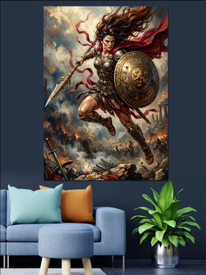 Karizma Tablo Kalkan ve Mızraklı Kadın Savaşçı Dekoratif Kanvas - Mdf Ahşap Tablo