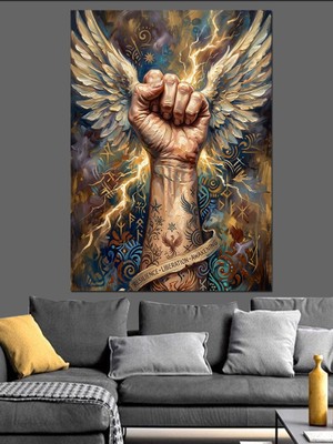 Karizma Tablo Işıltılı ve Kanatlı Yumruk Simgesi Dekoratif Kanvas - Mdf Ahşap Tablo