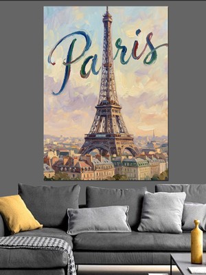Karizma Tablo Paris Yazılı Eyfel Kulesi Manzarası Dekoratif Kanvas - Mdf Ahşap Tablo