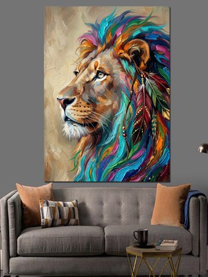 Karizma Tablo Renkli Yeleli Sanatsal Aslan Dekoratif Kanvas - Mdf Ahşap Tablo