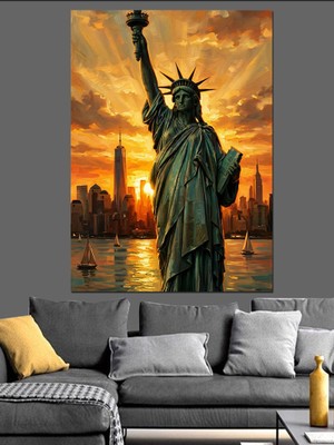 Karizma Tablo Gün Batımında Özgürlük Heykeli Manzarası Dekoratif Kanvas - Mdf Ahşap Tablo