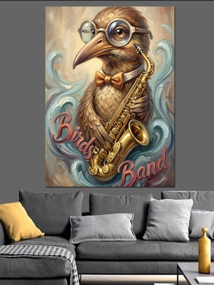 Tablomega Saksafon Çalan Gözlüklü Kuş Illüstrasyonu Dekoratif Kanvas - Mdf Ahşap Tablo