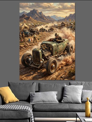 Tablomega Çölde Hızla Giden Klasik Araba Dekoratif Kanvas - Mdf Ahşap Tablo