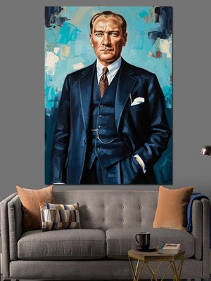 Tablomega Mavi Takım Elbiseli Atatürk Portresi Dekoratif Kanvas - Mdf Ahşap Tablo
