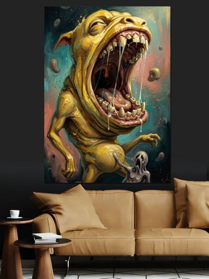 Tablomega Dev Ağızlı Sarı Canavar Illüstrasyonu Dekoratif Kanvas - Mdf Ahşap Tablo
