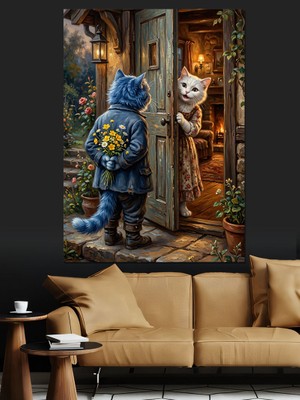 Tablomega Kapıda Bekleyen Karizmatik Kedi Çifti Dekoratif Kanvas - Mdf Ahşap Tablo