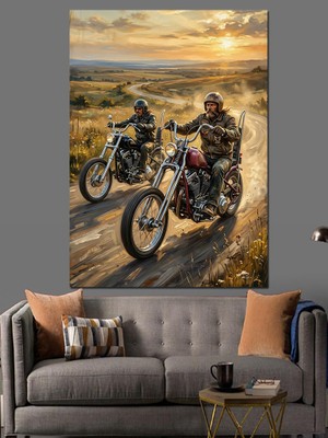Tablomega Çölde Motosiklet Süren Ikili Figür Dekoratif Kanvas - Mdf Ahşap Tablo