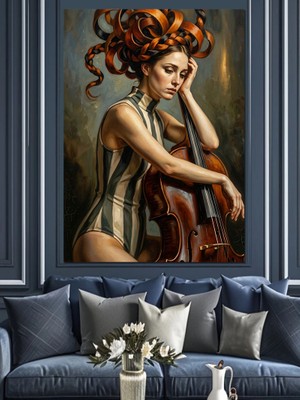 Karizma Tablo Çello Çalan Melankolik Kadın Dekoratif Kanvas - Mdf Ahşap Tablo