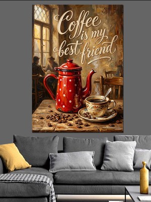 Tablomega Mutfakta Kırmızı Demlik ve Kahve Dekoratif Kanvas - Mdf Ahşap Tablo