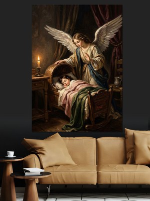 Karizma Tablo Bebeği Koruyan Melek Kanatlı Figür Dekoratif Kanvas - Mdf Ahşap Tablo