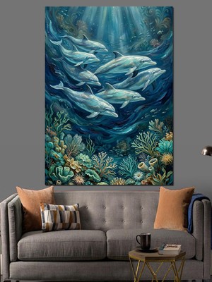 Tablomega Okyanusta Yüzen Yunus Sürüsü Illüstrasyonu Dekoratif Kanvas - Mdf Ahşap Tablo