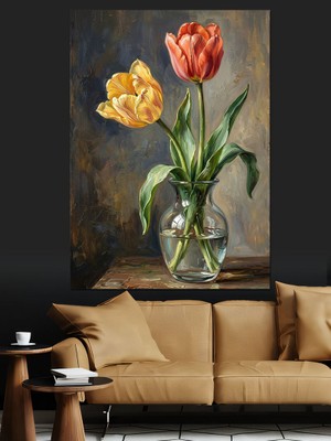 Karizma Tablo Vazoda Sarı ve Turuncu Laleler Dekoratif Kanvas - Mdf Ahşap Tablo