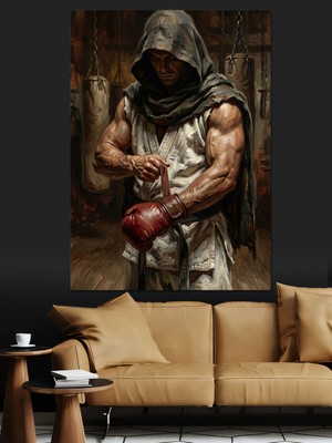 Karizma Tablo Boks Eldivenli ve Kapüşonlu Savaşçı Dekoratif Kanvas - Mdf Ahşap Tablo