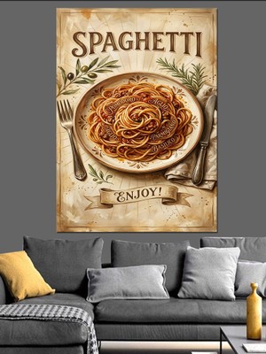 Karizma Tablo Spaghetti Yazılı Italyan Makarnası Tablosu Dekoratif Kanvas - Mdf Ahşap Tablo