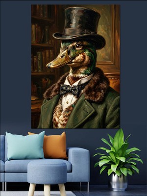 Karizma Tablo Silindir Şapkalı Aristokrat Ördek Portresi Dekoratif Kanvas - Mdf Ahşap Tablo