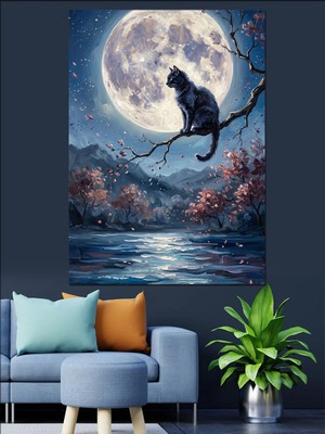 Karizma Tablo Dalda Oturan Kedi ve Dolunay Dekoratif Kanvas - Mdf Ahşap Tablo