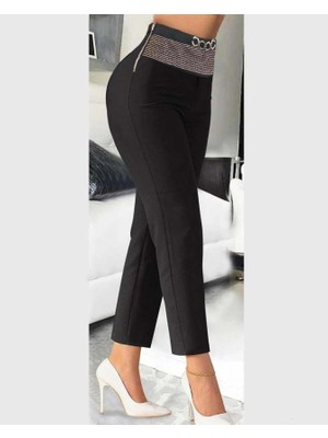 paris store Kadın Yüksek Bel Önden Taşlı ve Tokalı Ithal Krep Pantolon