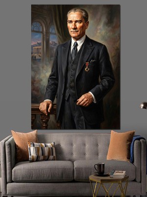 Karizma Tablo Atatürk Klasik Takım Elbiseli Portresi Dekoratif Kanvas - Mdf Ahşap Tablo