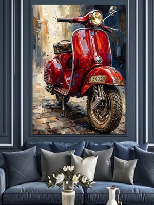 Karizma Tablo Klasik Kırmızı Skuter Nostaljik Tablo Dekoratif Kanvas - Mdf Ahşap Tablo