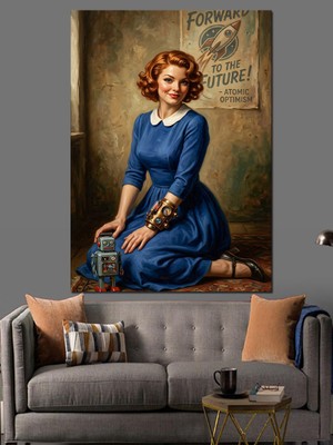 Karizma Tablo Mavi Elbiseli ve Fenerli Kadın Dekoratif Kanvas - Mdf Ahşap Tablo