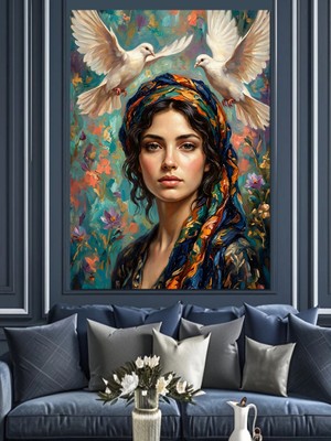 Karizma Tablo Başında Kuşlar Olan Kadın Dekoratif Kanvas - Mdf Ahşap Tablo