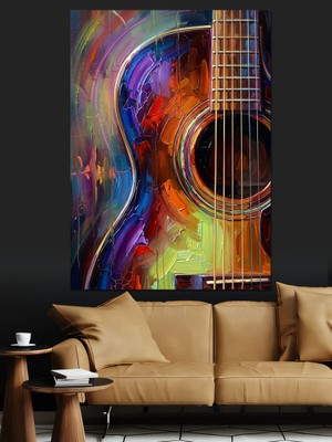 Tablomega Gökkuşağı Renkli Sanatsal Akustik Gitar Dekoratif Kanvas - Mdf Ahşap Tablo