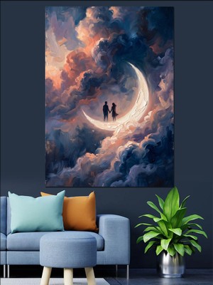 Tablomega Bulutlar ve Ay Üzerinde Çift Dekoratif Kanvas - Mdf Ahşap Tablo