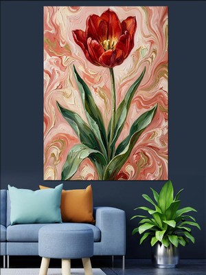Karizma Tablo Ebru Sanatlı Tekli Lale Dekoratif Kanvas - Mdf Ahşap Tablo