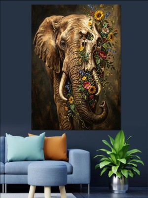 Tablomega Çiçeklerle Süslenmiş Asil Fil Portresi Dekoratif Kanvas - Mdf Ahşap Tablo