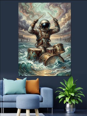 Karizma Tablo Dalgalı Denizde Davul Çalan Astronot Dekoratif Kanvas - Mdf Ahşap Tablo