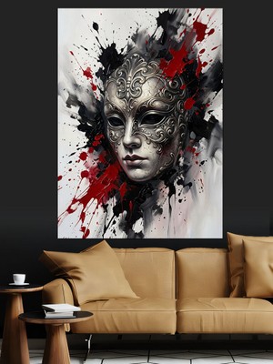 Karizma Tablo Kan Sıçramış Sanatsal Maske Portresi Dekoratif Kanvas - Mdf Ahşap Tablo