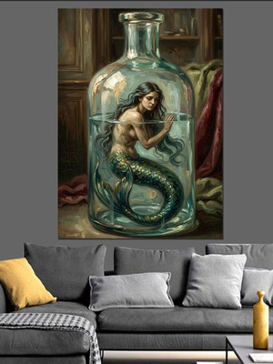 Karizma Tablo Şişe Içinde Yüzen Denizkızı Figürü Dekoratif Kanvas - Mdf Ahşap Tablo