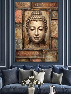 Karizma Tablo Duvarda Buda Kabartma Heykeli Dekoratif Kanvas - Mdf Ahşap Tablo