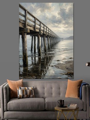 Karizma Tablo Denizde Iskele ve Bulutlu Gökyüzü Dekoratif Kanvas - Mdf Ahşap Tablo