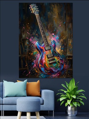 Karizma Tablo Renkli Boya Patlamalı Elektro Gitar Dekoratif Kanvas - Mdf Ahşap Tablo